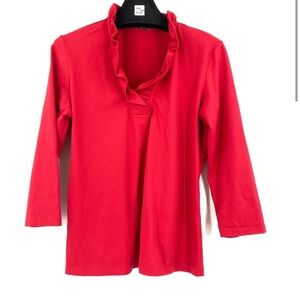 J. McLaughlin Red Durham Ruffle V-Neck 3/4 Sleeve Knit Top Blouse Size Large